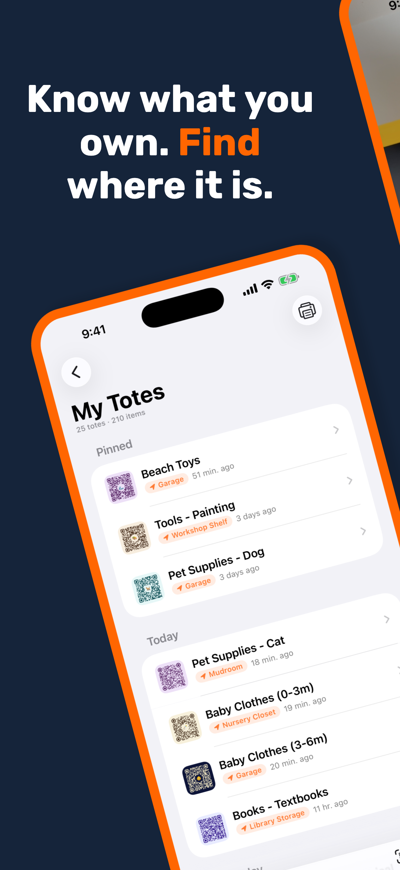 StowQR iPhone home screen with My Totes list and recent activity