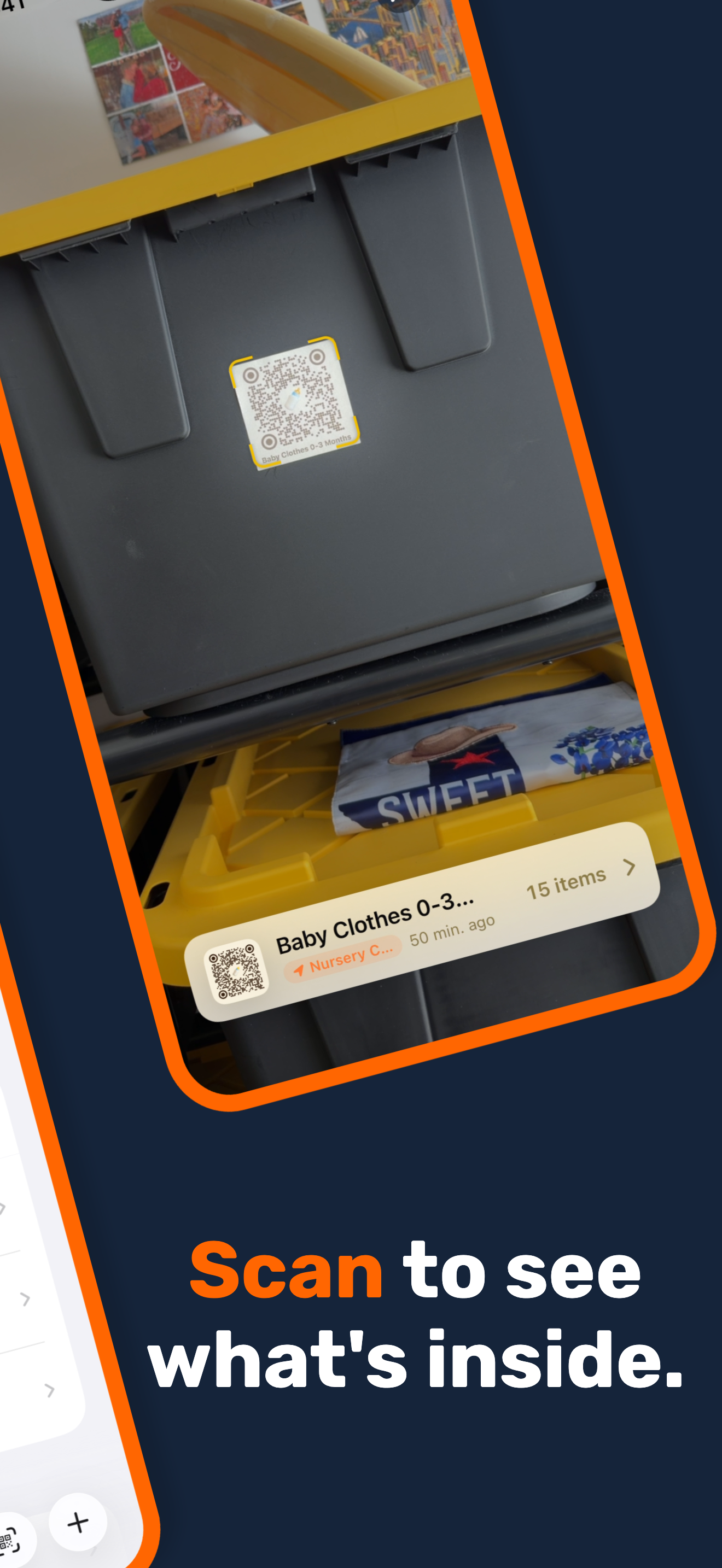 StowQR iPhone scanning a QR-coded tote to reveal its contents