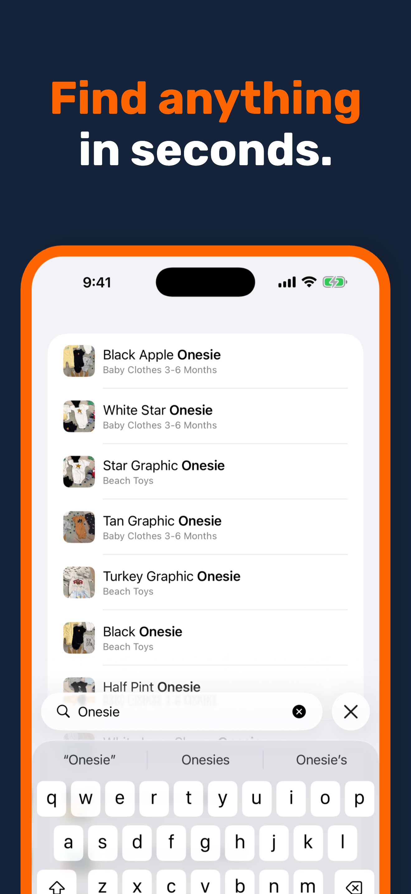 StowQR iPhone search results finding every onesie across all totes