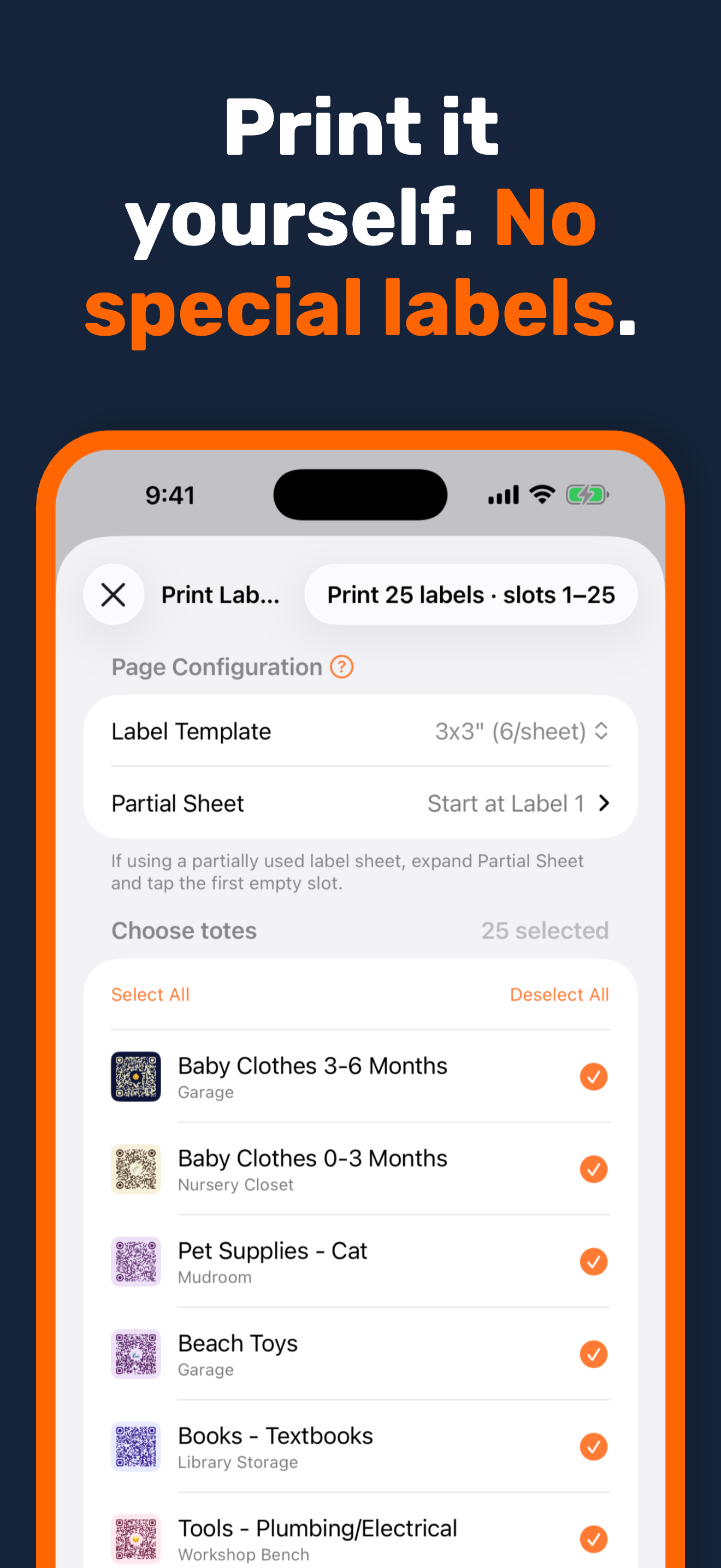 StowQR iPhone Print Labels screen configuring an Avery sheet