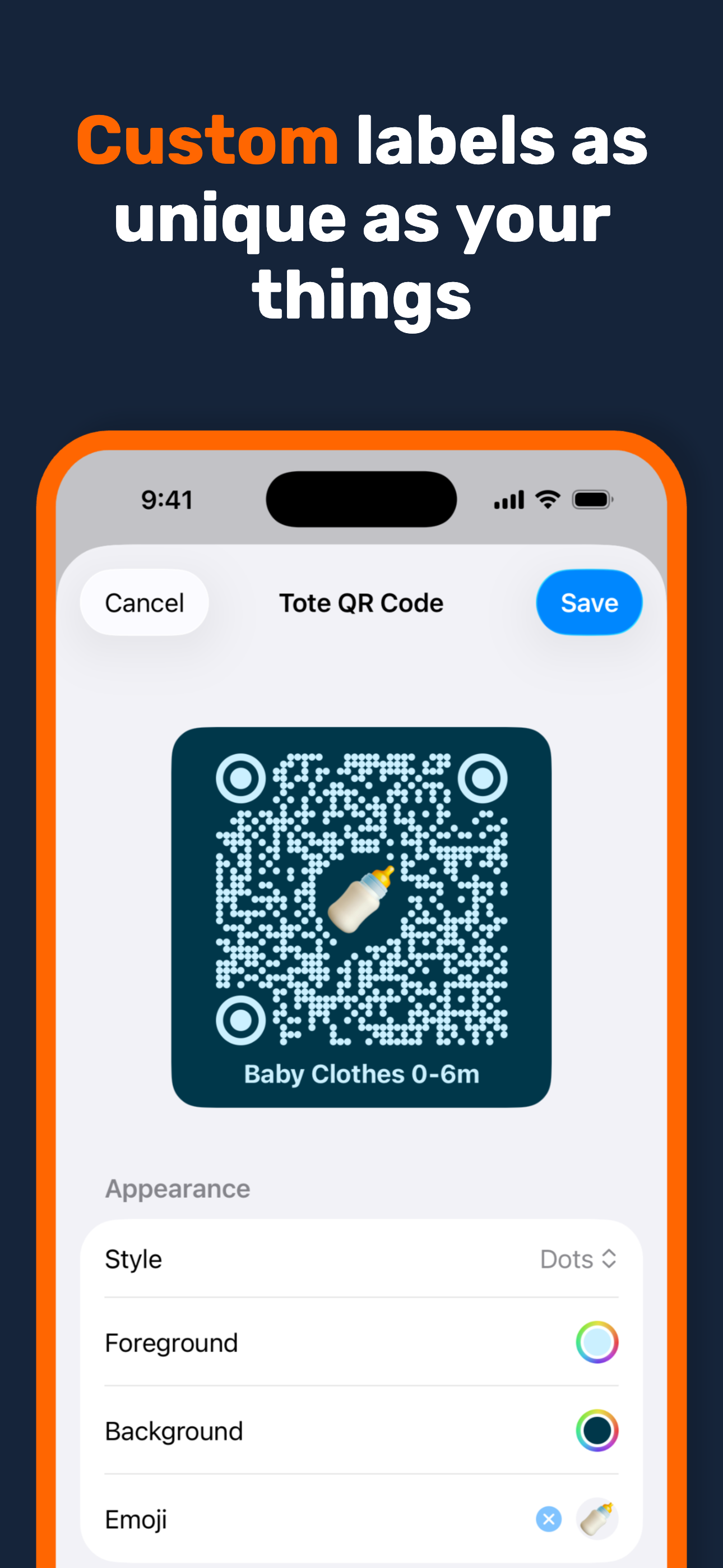 QR code label with custom tote name and emoji