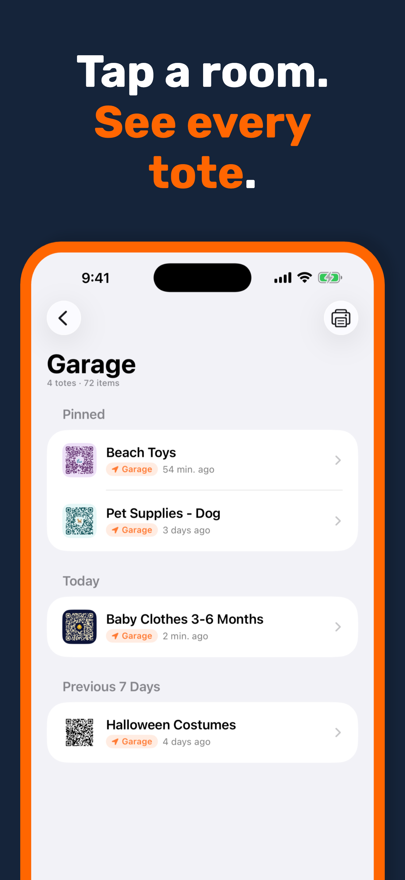StowQR iPhone Garage room view listing every tote inside