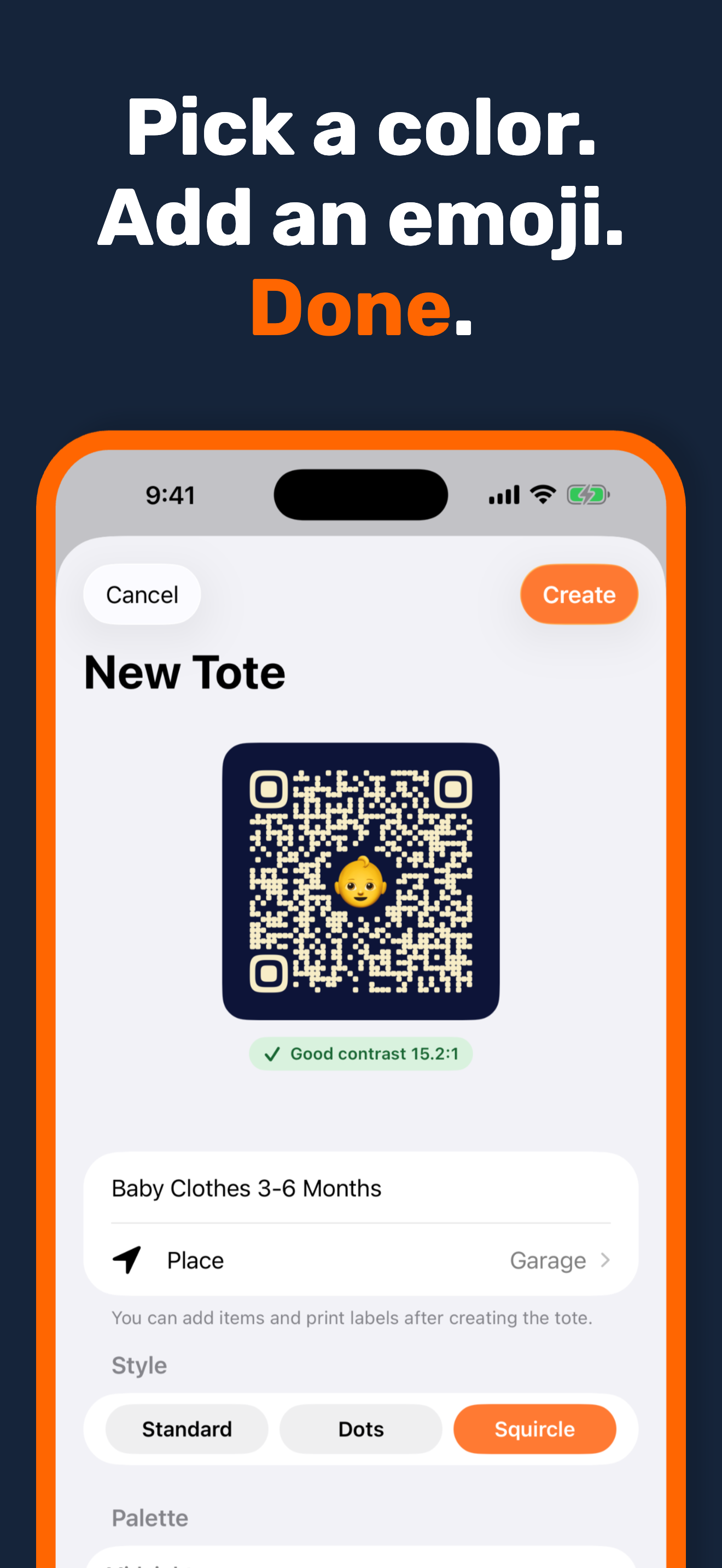 StowQR iPhone New Tote screen with QR style and color picker