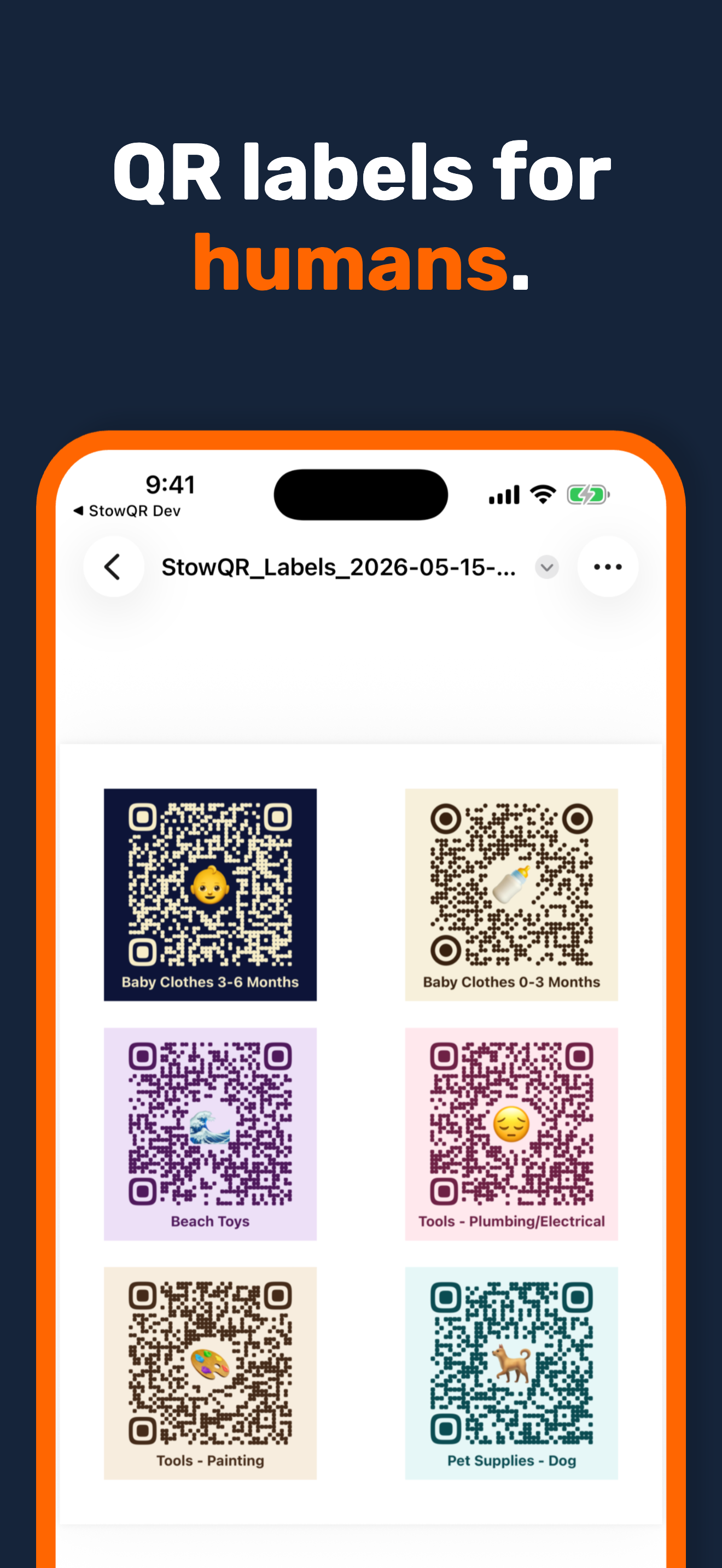 StowQR iPhone QR label print sheet preview