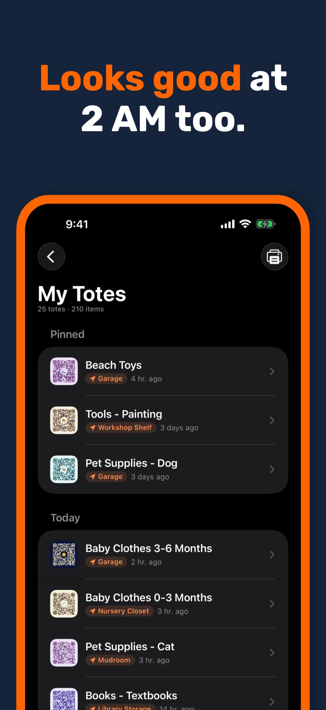 StowQR iPhone My Totes list in dark mode