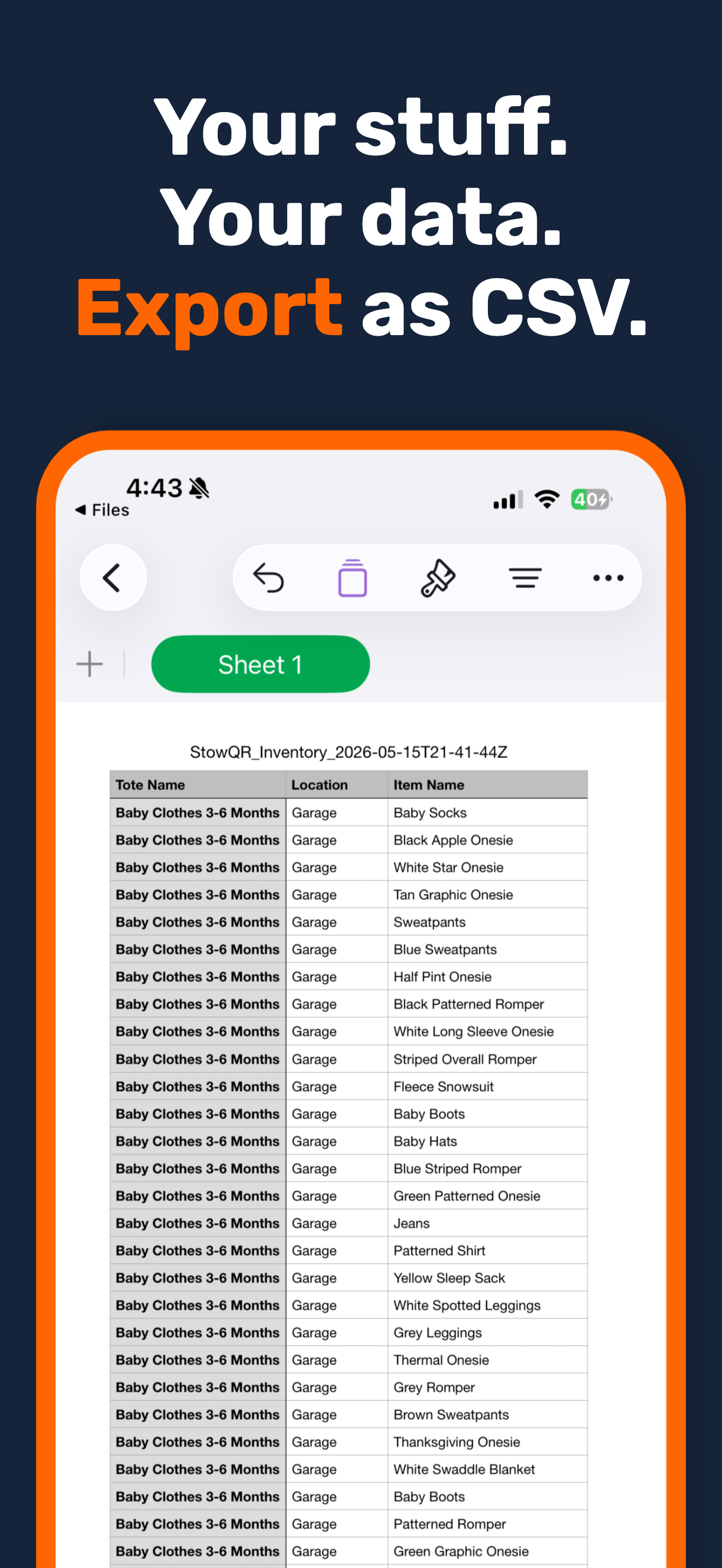 StowQR iPhone CSV inventory export of every item