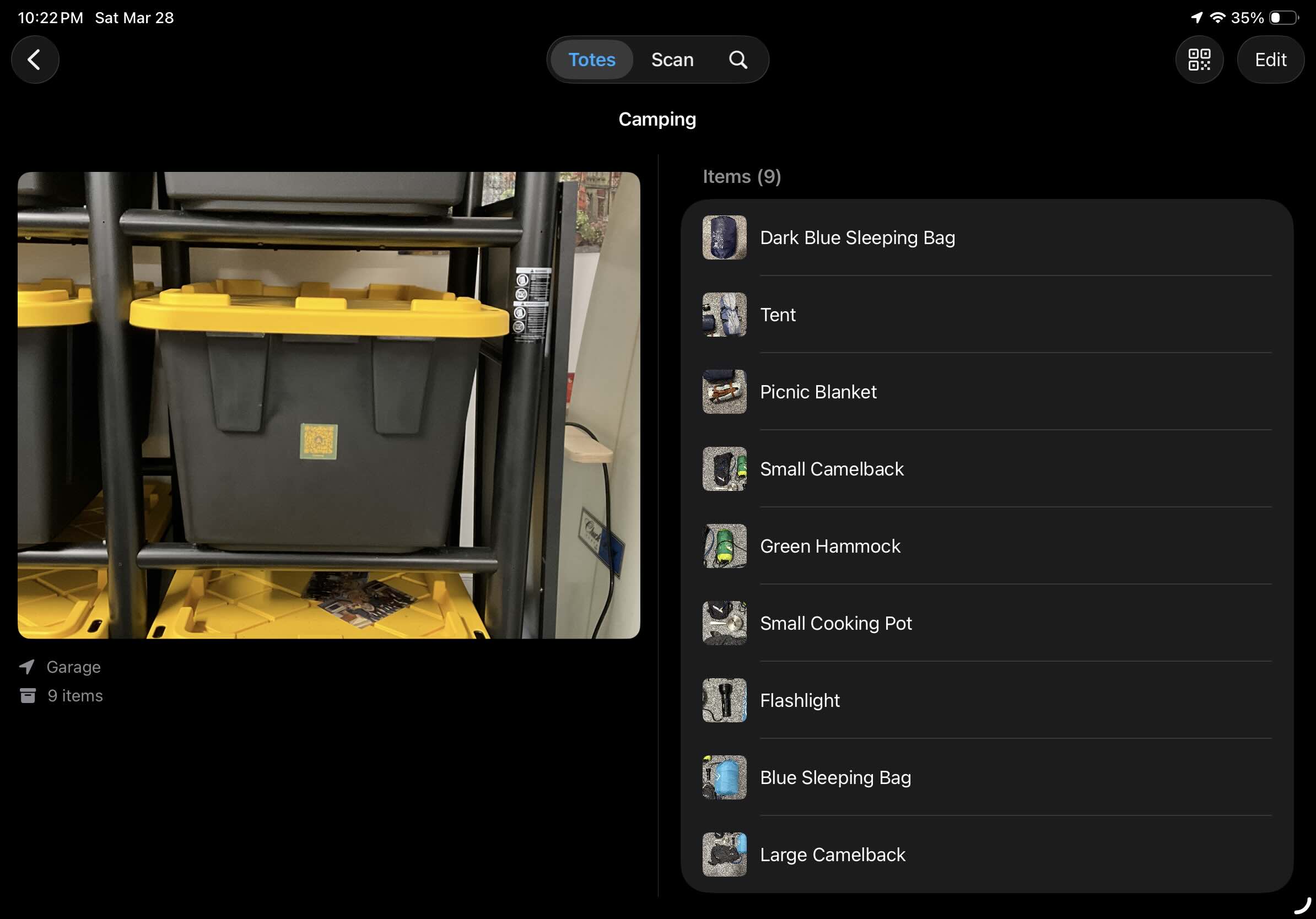 StowQR's new two-column iPad layout showing a tote photo and item list side-by-side