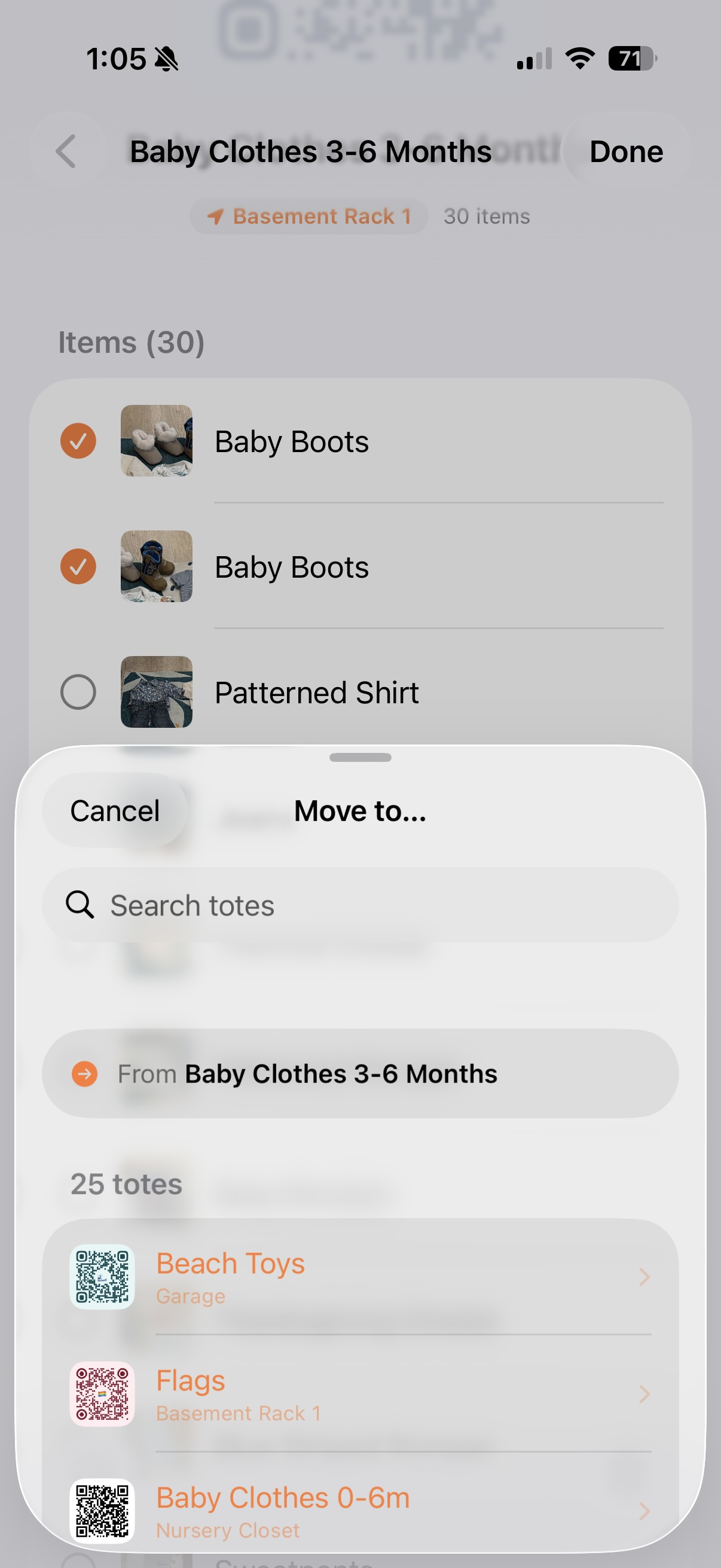 StowQR Move to… picker on iPhone for moving items between totes, with search