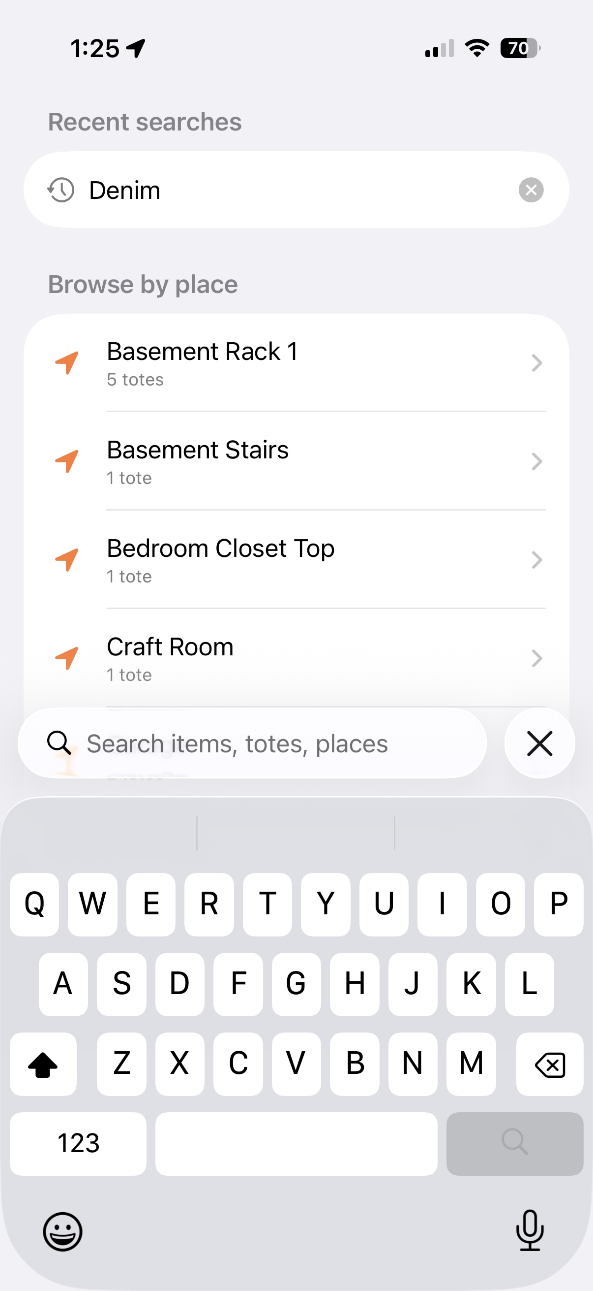 StowQR universal search on iPhone with sectioned results across items, totes, and places
