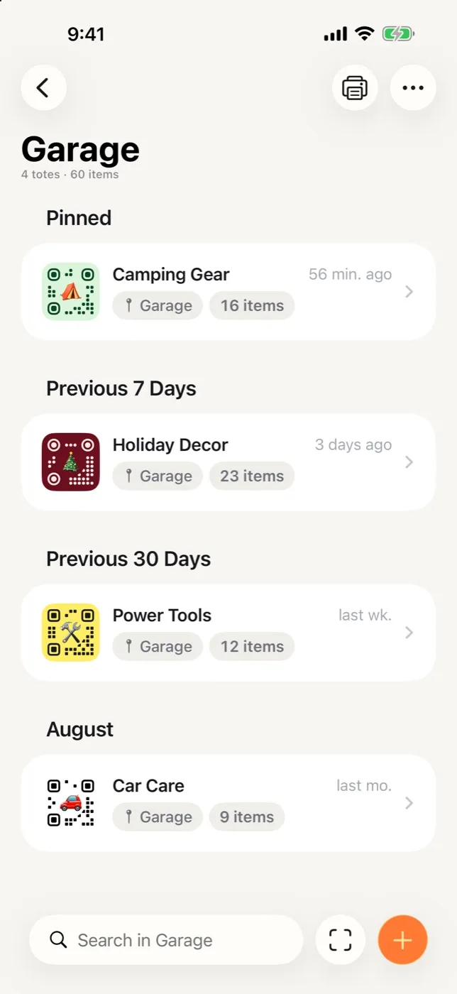 The Garage place screen in StowQR on iPhone, listing four totes grouped by when they were last edited