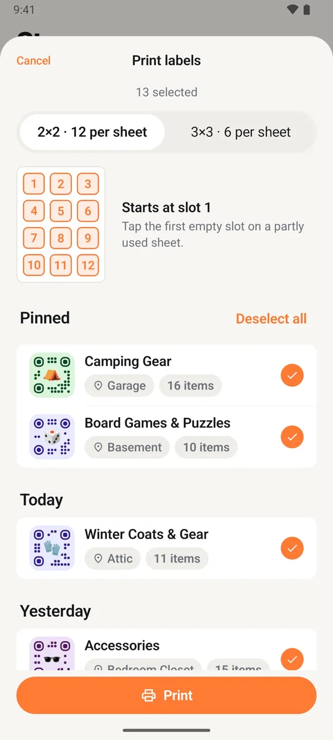 The Print labels sheet in StowQR for Android, with a 12-per-sheet layout, a slot picker for partly used sheets, and selected totes