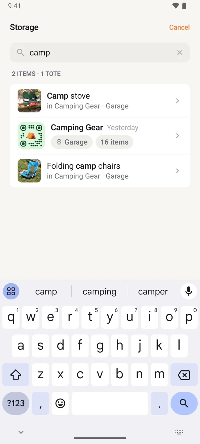 Search results in StowQR for Android for the word camp, listing a camp stove, the Camping Gear tote, and folding camp chairs with their place