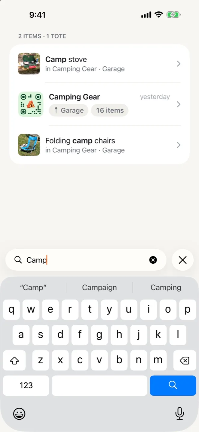 Search results in StowQR on iPhone for the word camp