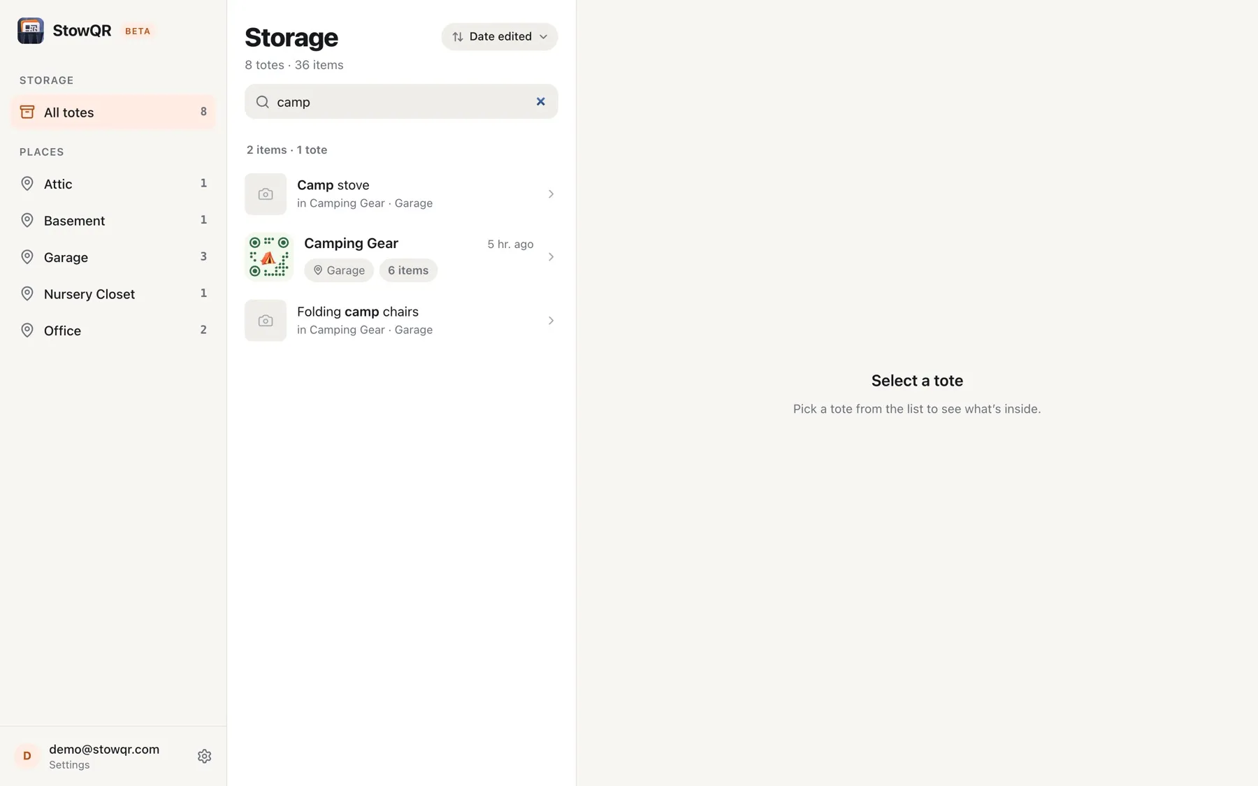Search results for camp in the StowQR web app, listing a camp stove, the Camping Gear tote, and folding camp chairs with their tote and place