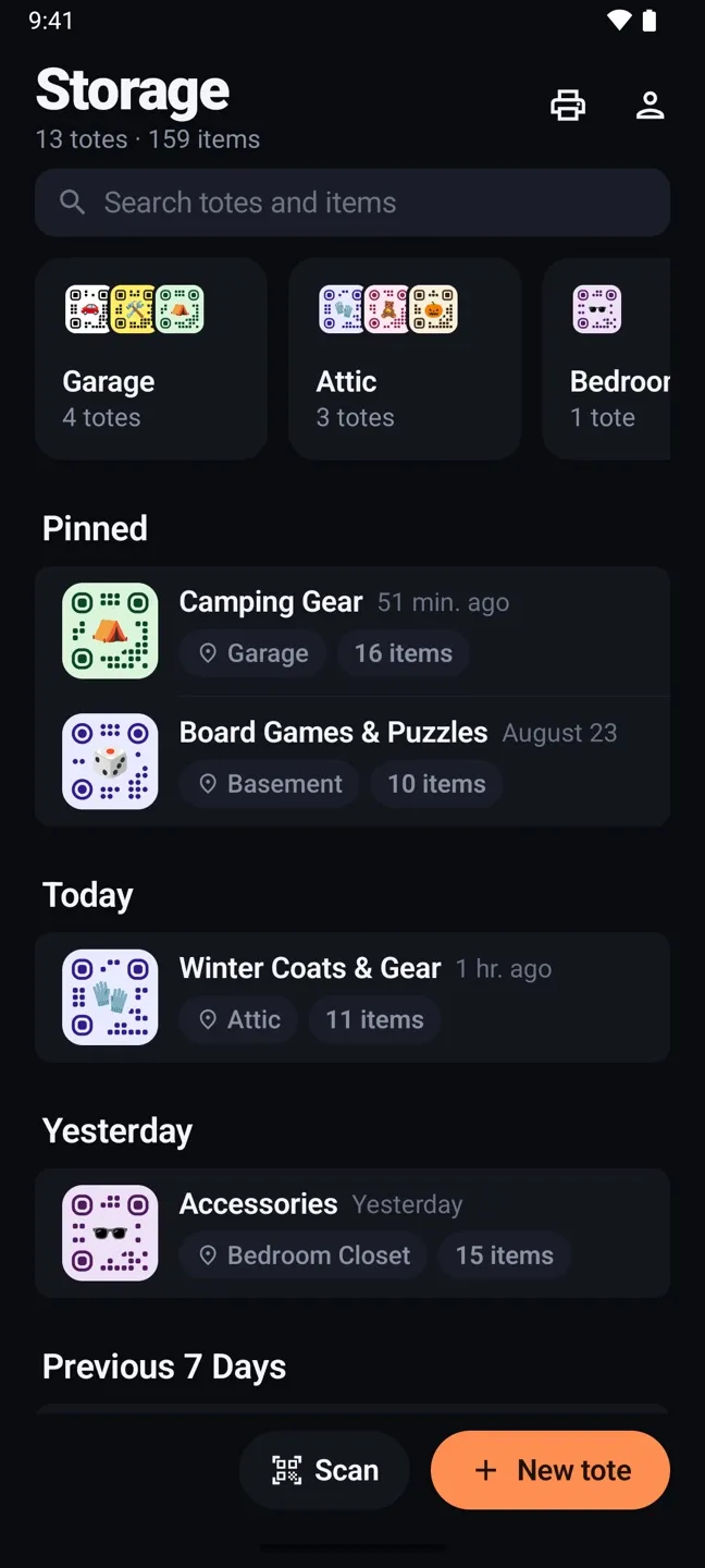 The Storage screen in StowQR for Android in dark mode