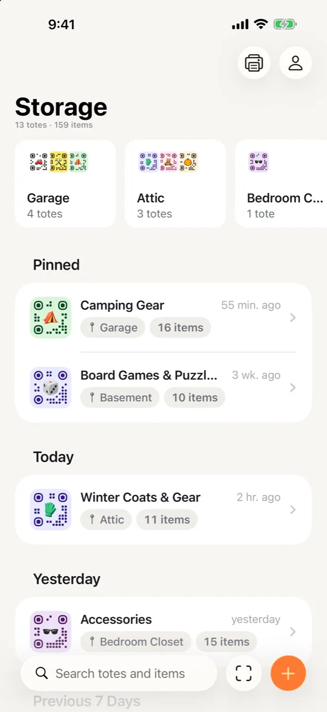 The Storage screen in StowQR on iPhone with place cards and pinned totes