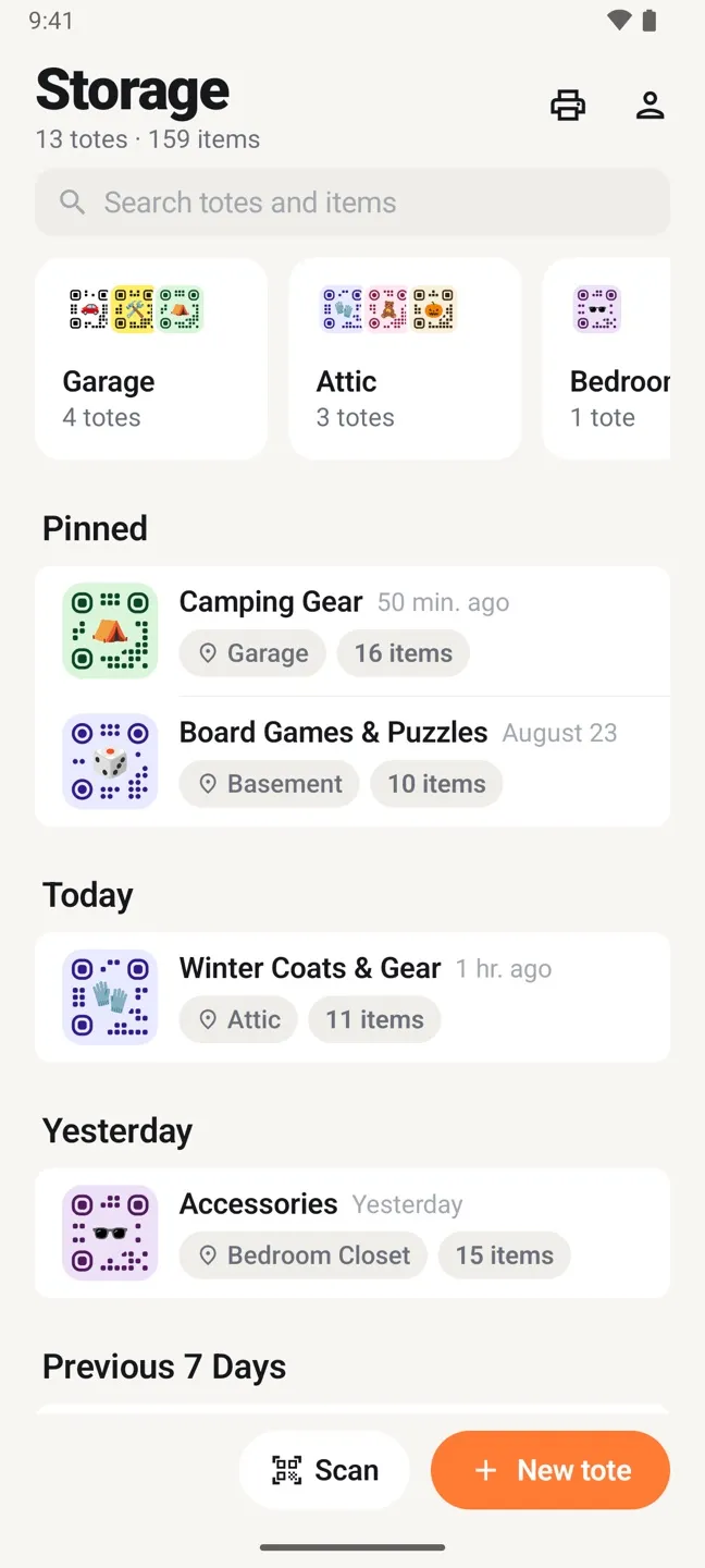 The Storage screen in StowQR for Android, with Garage and Attic place cards, pinned totes, and Scan and New tote buttons