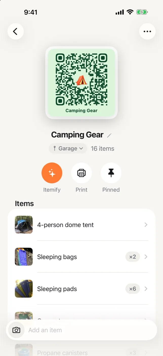 The Camping Gear tote in StowQR on iPhone, showing the QR label sticker, an action row, item photos and the add-an-item composer