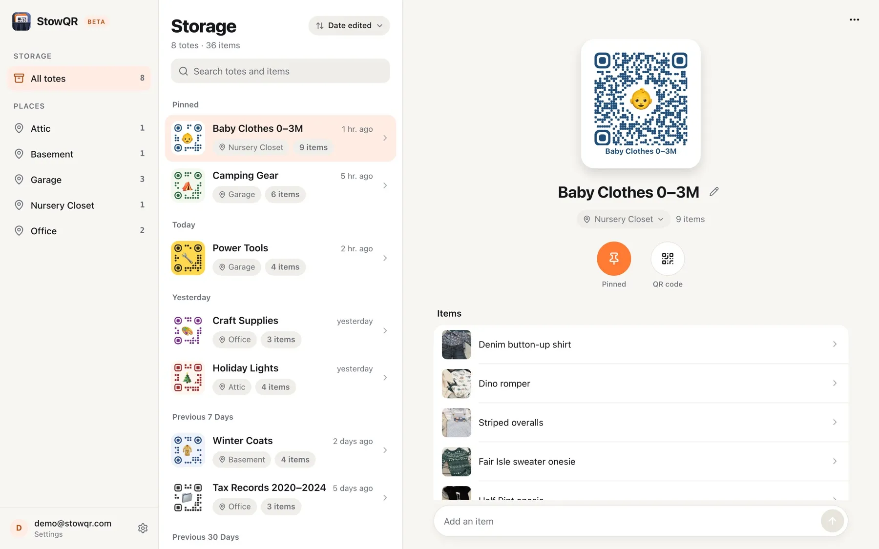 A Baby Clothes tote open in the StowQR web app, showing its QR label, place, pin button, and a list of items with photos