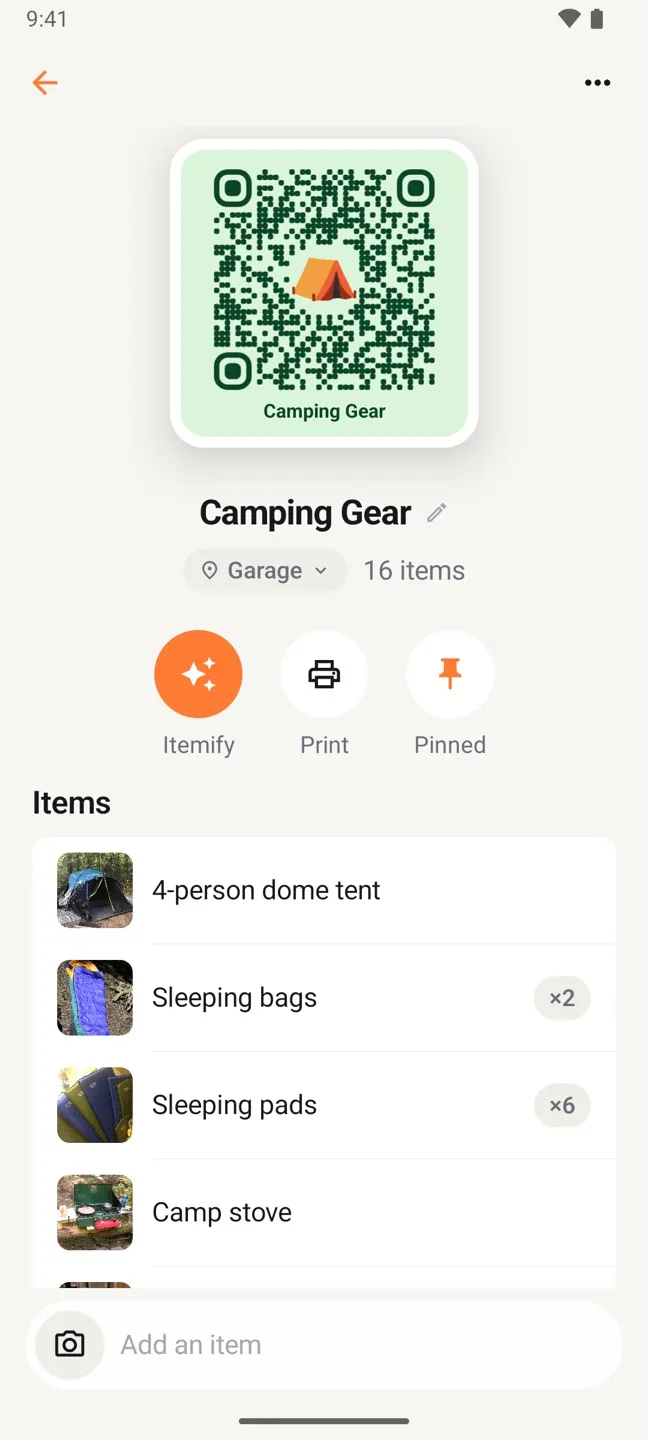 The Camping Gear tote in StowQR for Android, showing the QR label, Itemify, Print and Pin buttons, and items with photos and quantities